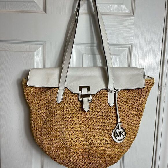 Michael Kors Naomi large tan straw crochet tote bag white leather flop &… - Picture 1 of 13